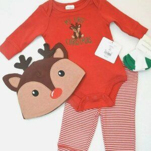 Starting Out 4PC Christmas Outfit, Red Romper, Reindeer Hat, Leggings, NB, NWT!